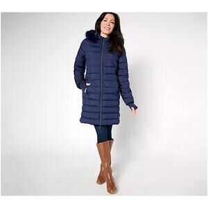 Susan Graver Water Resistant Quilted Coat with Hood Midnight Blue XS A670979